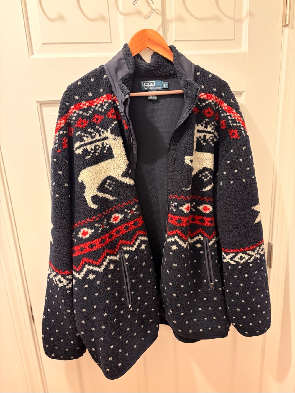 Ralph Lauren Navy Zip-Up Fleece Sweater with Red & Cream Reindeer Motif